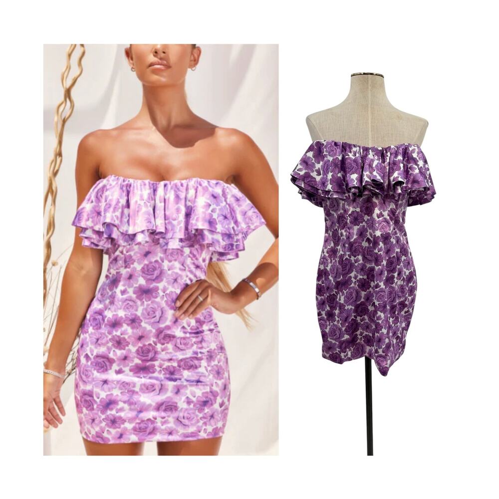 Oh Polly Show Me‎ Off Off Shoulder Ruffle Satin Mini Dress Lilac Floral US 8 NWT